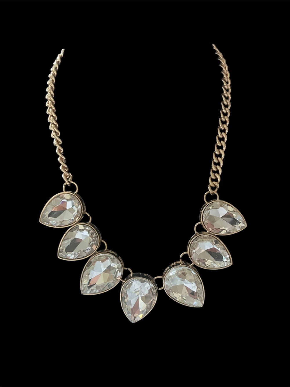 Statement Bib Curb Chain Necklace Gold Tone Metal Clear Faceted Crystals 18-20